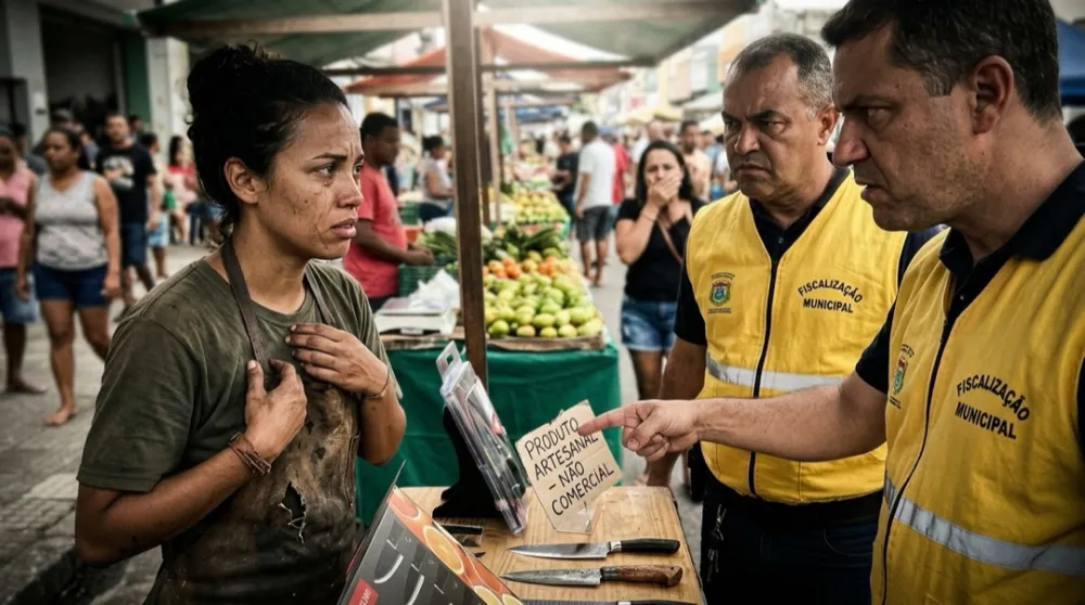 Fiscais municipais abordando Maria na feira, placa de produto artesanal