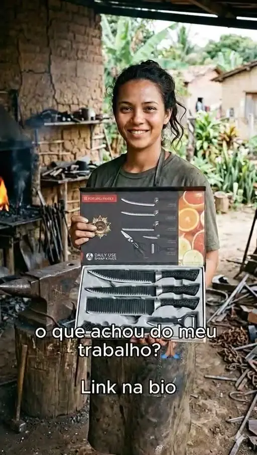 Maria sorrindo segurando o kit de facas, vídeo nas redes sociais