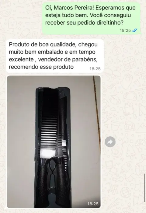 Print de WhatsApp: cliente Marcos recomendando o produto