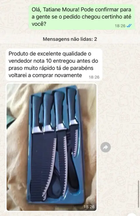 Print de WhatsApp: cliente Tatiane elogiando a qualidade